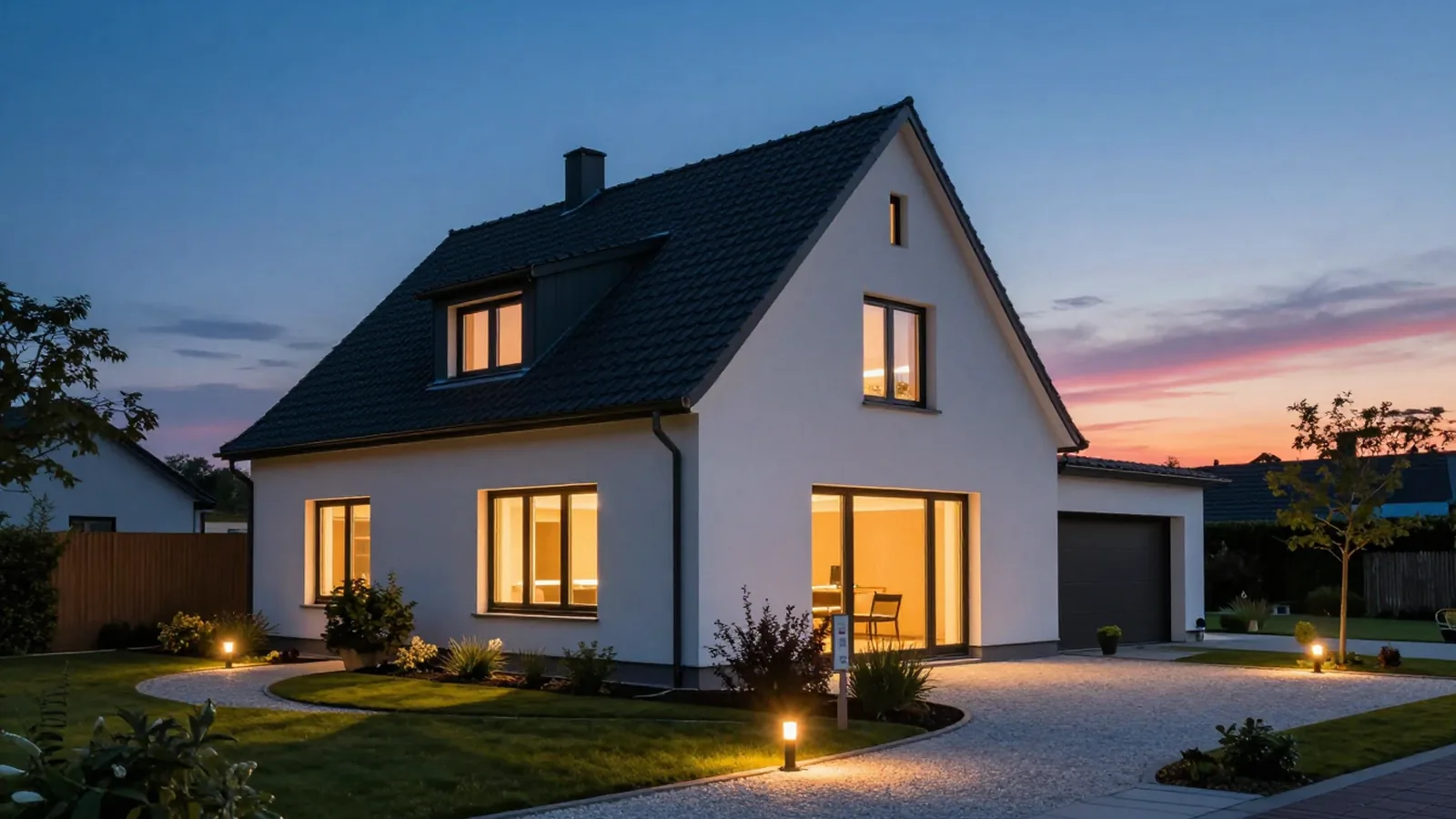 Gepflegtes deutsches Einfamilienhaus mit Ziegeldach im warmen Nachmittagslicht, Sinnbild für Zuhause, Bestand und Werterhalt.