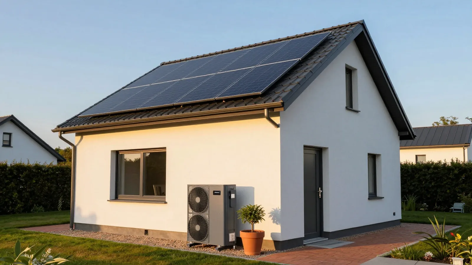 Einfamilienhaus mit Photovoltaik auf dem Dach und Wärmepumpe an der Fassade, moderne Technik und Werterhalt.