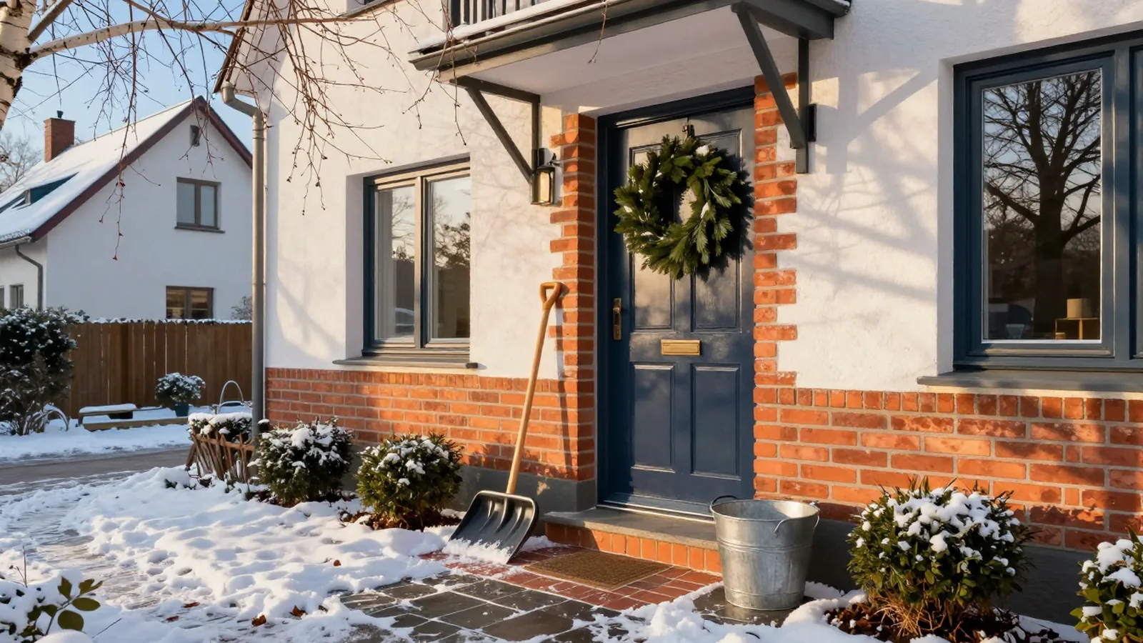 Verschneiter Hauszugang mit bereitstehender Schneeschaufel und Streugut, Räum und Streupflicht des Eigentümers.