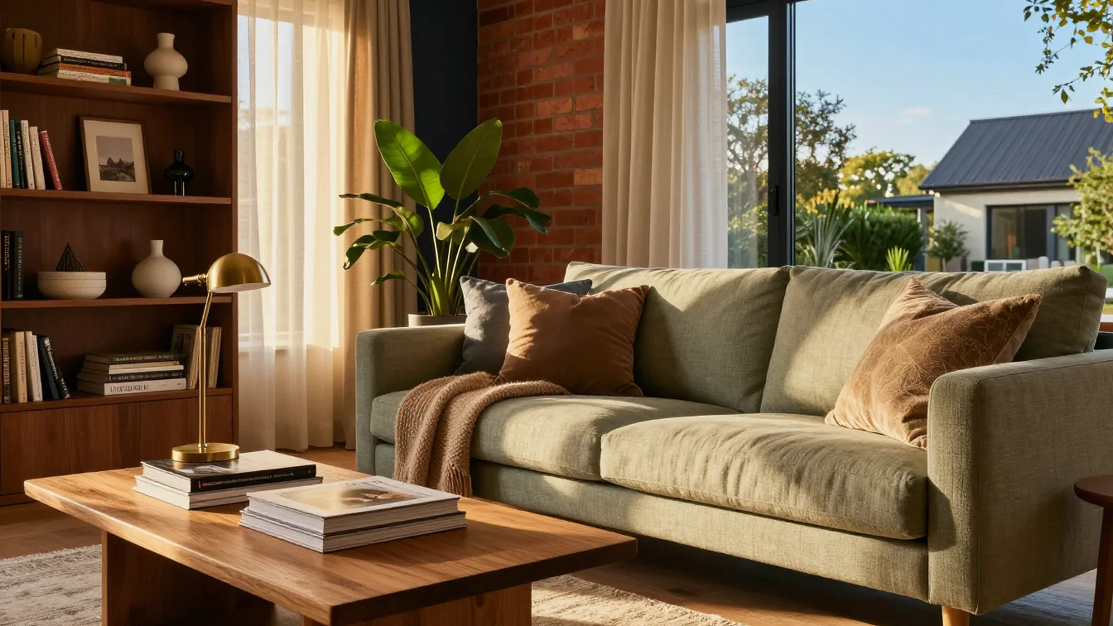 Aufgeräumtes Wohnzimmer mit Sofa, Bücherregal, Laptop und persönlichen Wertsachen, Hausrat als geschütztes Inventar.