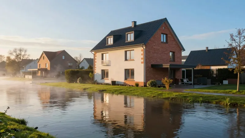 Wohnhaus am Fluss, flaches Hochwasser reicht bis an die Eingangsstufen, Hochwasser und Überschwemmungsrisiko.