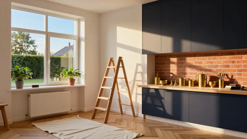 Hausinneres während der Sanierung mit frisch verputzten Wänden, Leiter und Werkzeug, Modernisierung steigert den Wert.