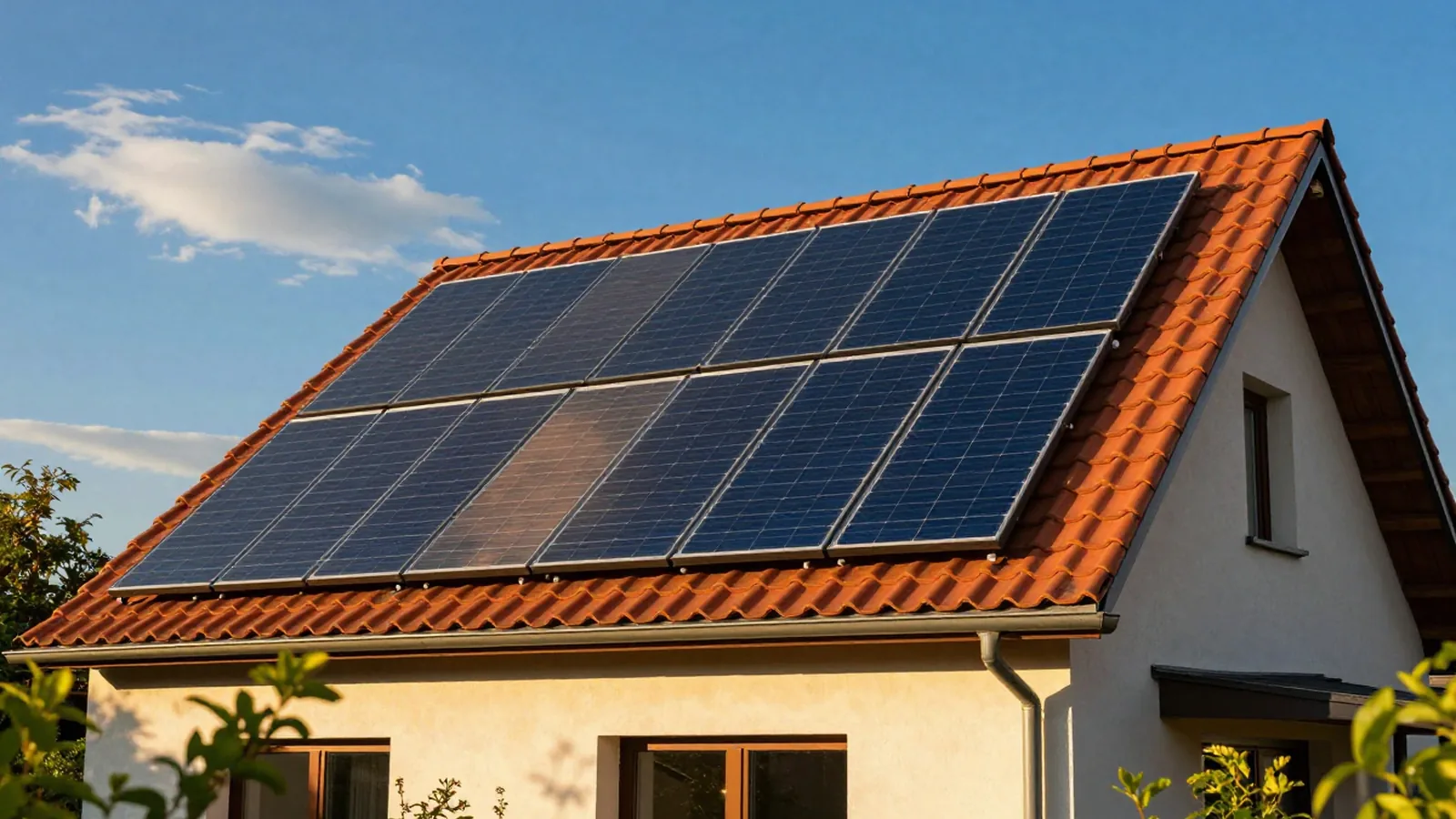 Photovoltaikmodule auf dem Ziegeldach eines Einfamilienhauses bei blauem Himmel, Solaranlage als versicherbarer Wert.