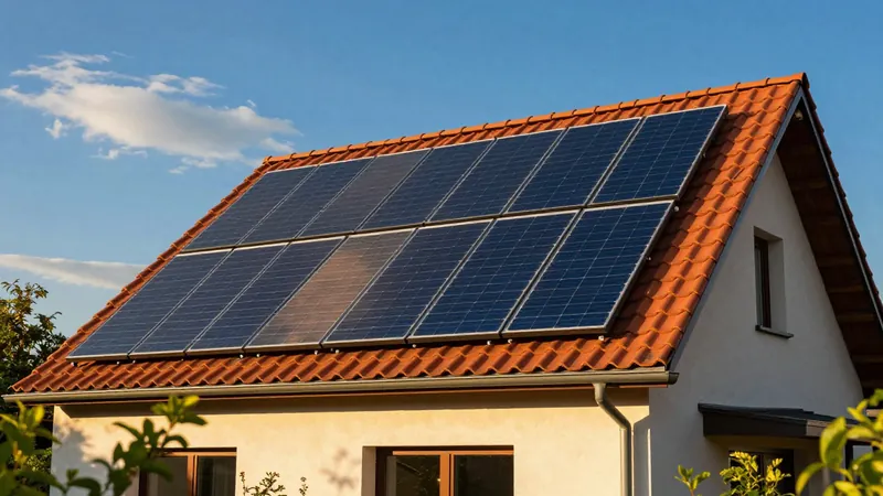 Photovoltaikmodule auf dem Ziegeldach eines Einfamilienhauses bei blauem Himmel, Solaranlage als versicherbarer Wert.