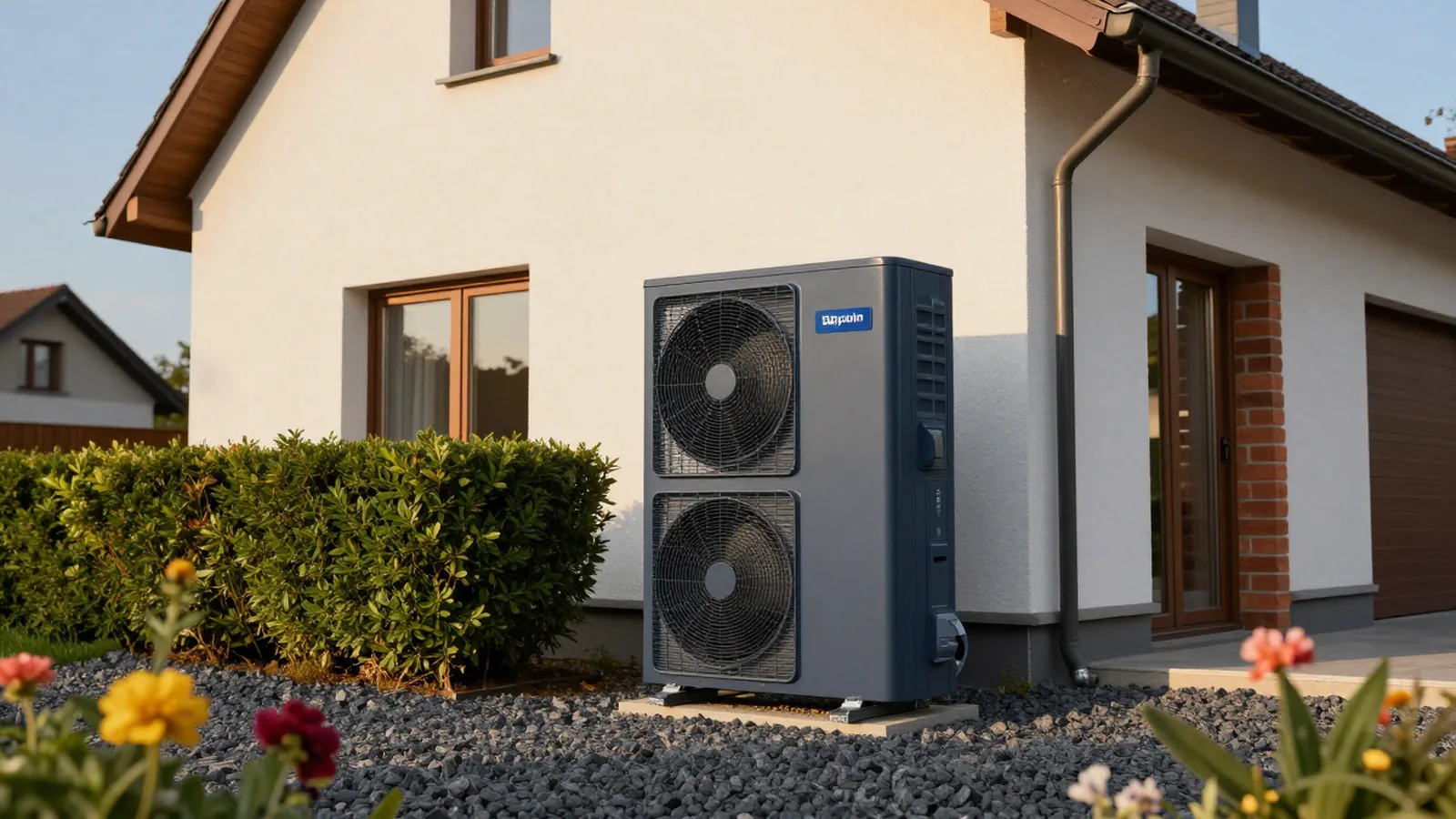 Moderne Luft-Wärmepumpe an der Fassade eines Einfamilienhauses, neue Heiztechnik als versicherbarer Wert.